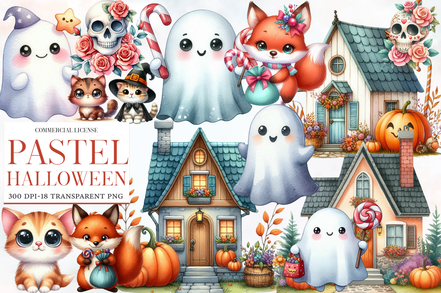 Pastel Halloween Clipart PNG Bundle | Cute Ghost, Fox, Cat & Haunted House Clipart