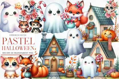 Pastel Halloween Clipart PNG Bundle | Cute Ghost, Fox, Cat & Haunted House Clipart