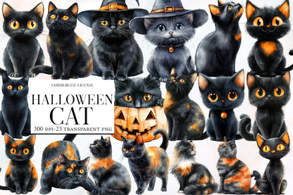 Halloween Black Cat Clipart PNG Bundle | Black Cat Halloween PNG, Witch Cat Clipart,