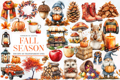 Fall Season Watercolor Clipart PNG Bundle | Autumn Clipart Collection | Cozy Fall Sublimation