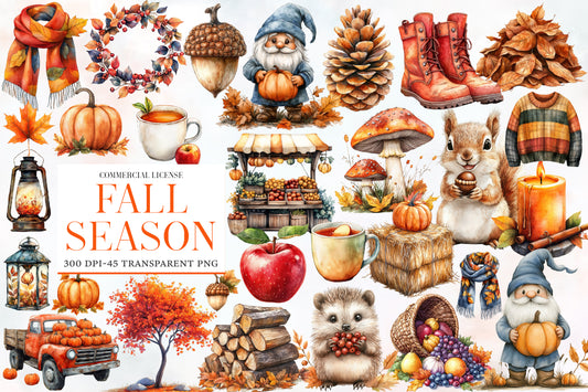 Fall Season Watercolor Clipart PNG Bundle | Autumn Clipart Collection | Cozy Fall Sublimation