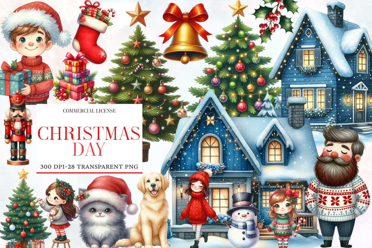 Christmas Day Clipart PNG Bundle | Cute Winter House, Christmas Tree, Boy, Girl, Santa, Dog, Cat, Snowman & Holiday Decorations