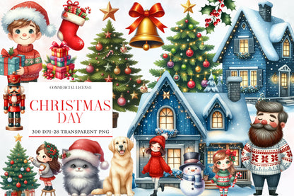 Christmas Day Clipart PNG Bundle | Cute Winter House, Christmas Tree, Boy, Girl, Santa, Dog, Cat, Snowman & Holiday Decorations