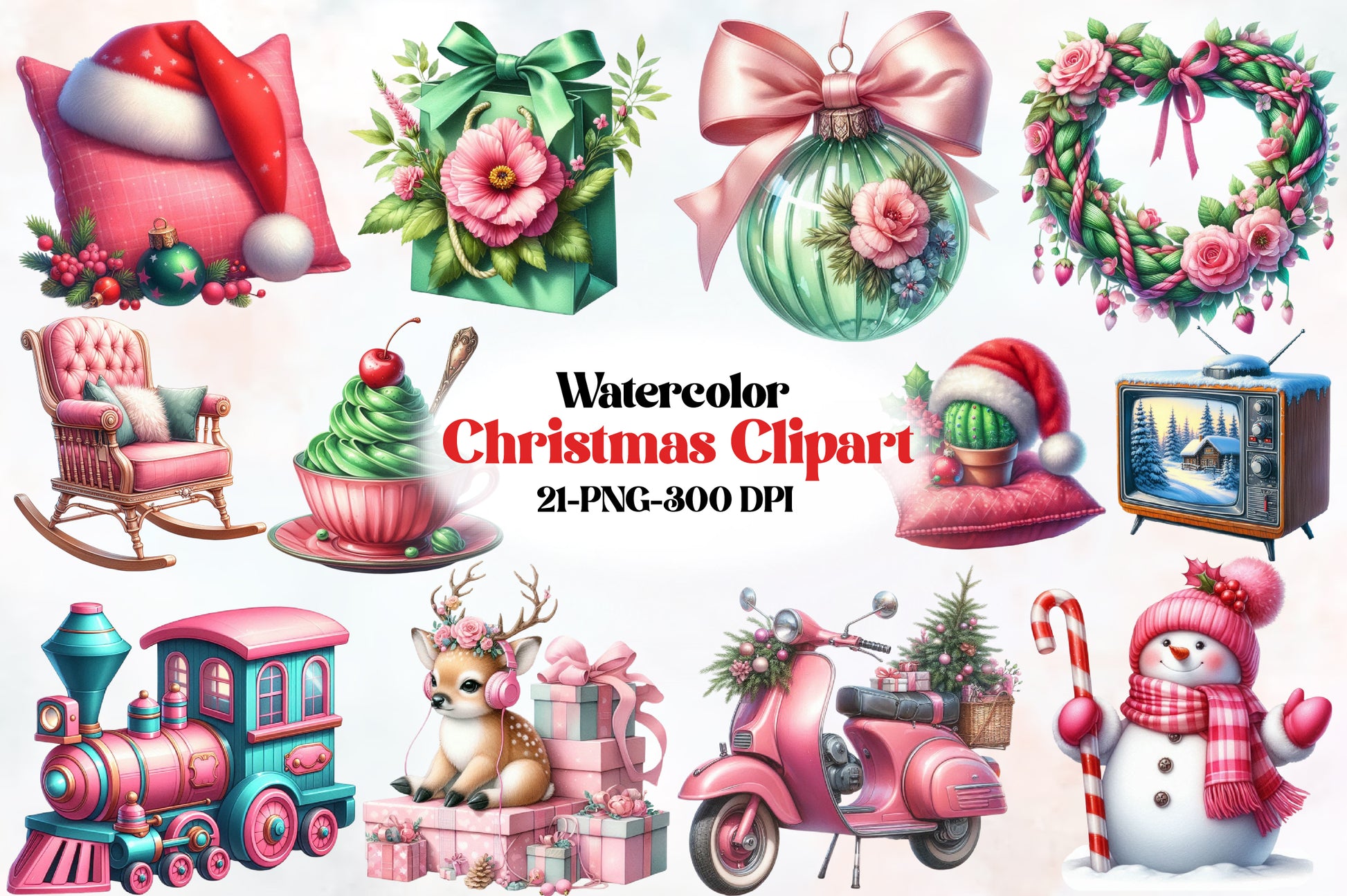 Watercolor Christmas Clipart PNG Bundle 21 Cute Holiday Designs