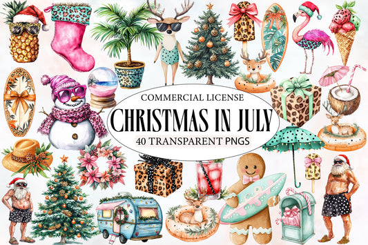 Christmas in July Watercolor Clipart PNG Bundle | Tropical Christmas Summer Holiday Clipart | Christmas Sublimation PNG