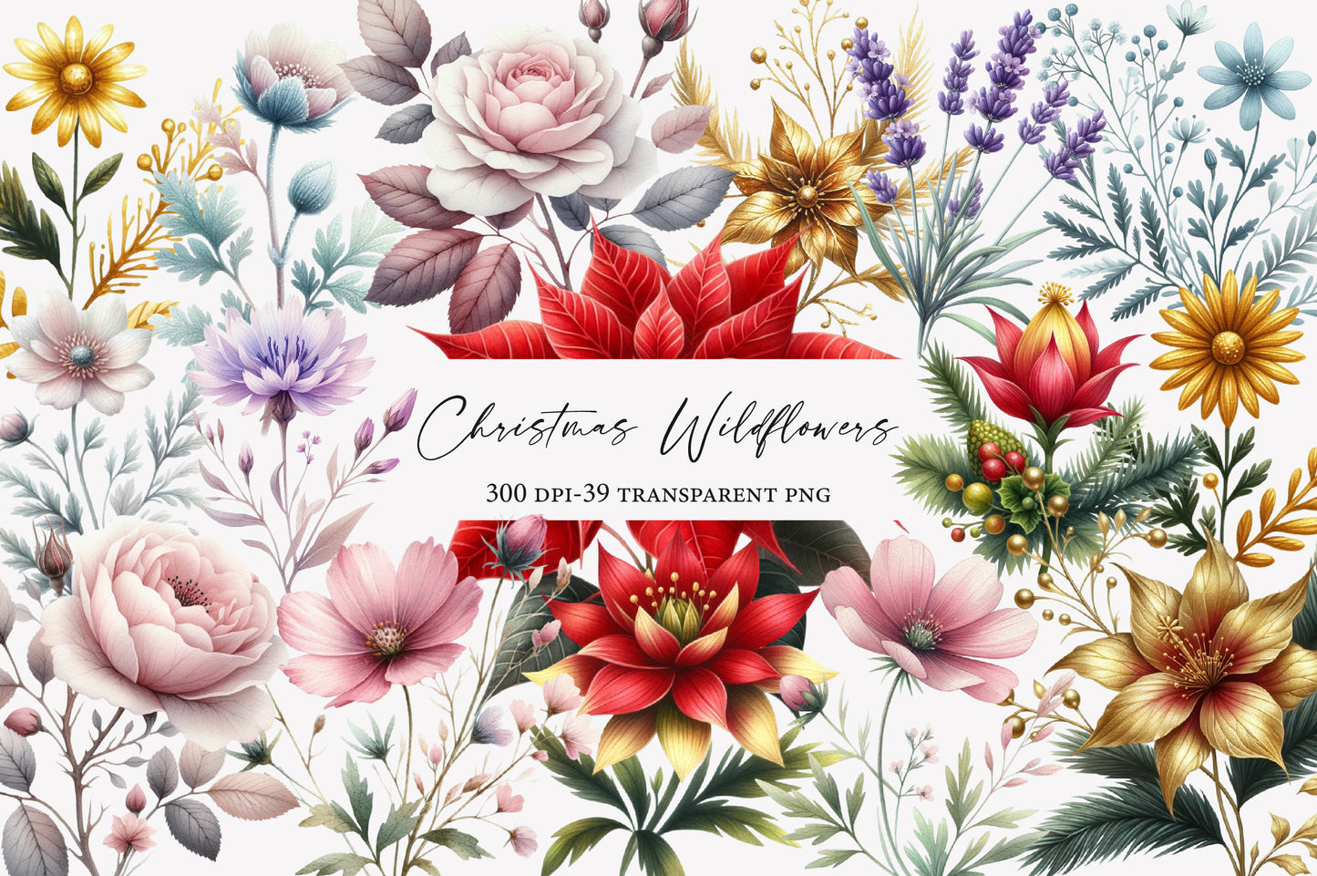 Christmas Wildflowers Clipart PNG Bundle | Watercolor Christmas Wildflower Clipart | Festive Floral Holiday Sublimation PNG