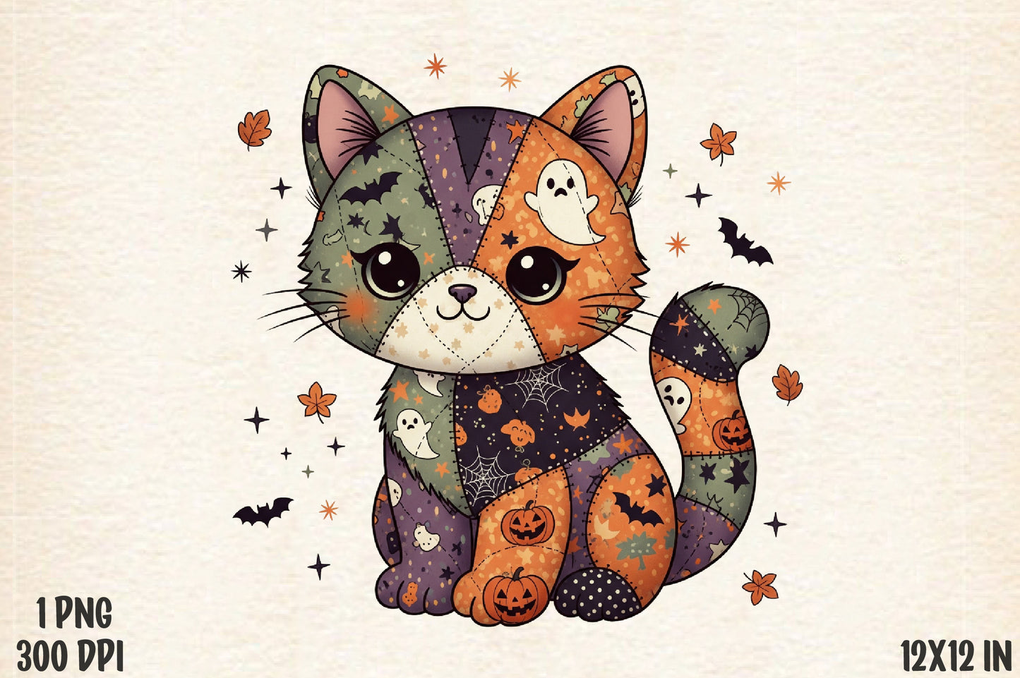 Patchwork Halloween Cat Sublimation PNG