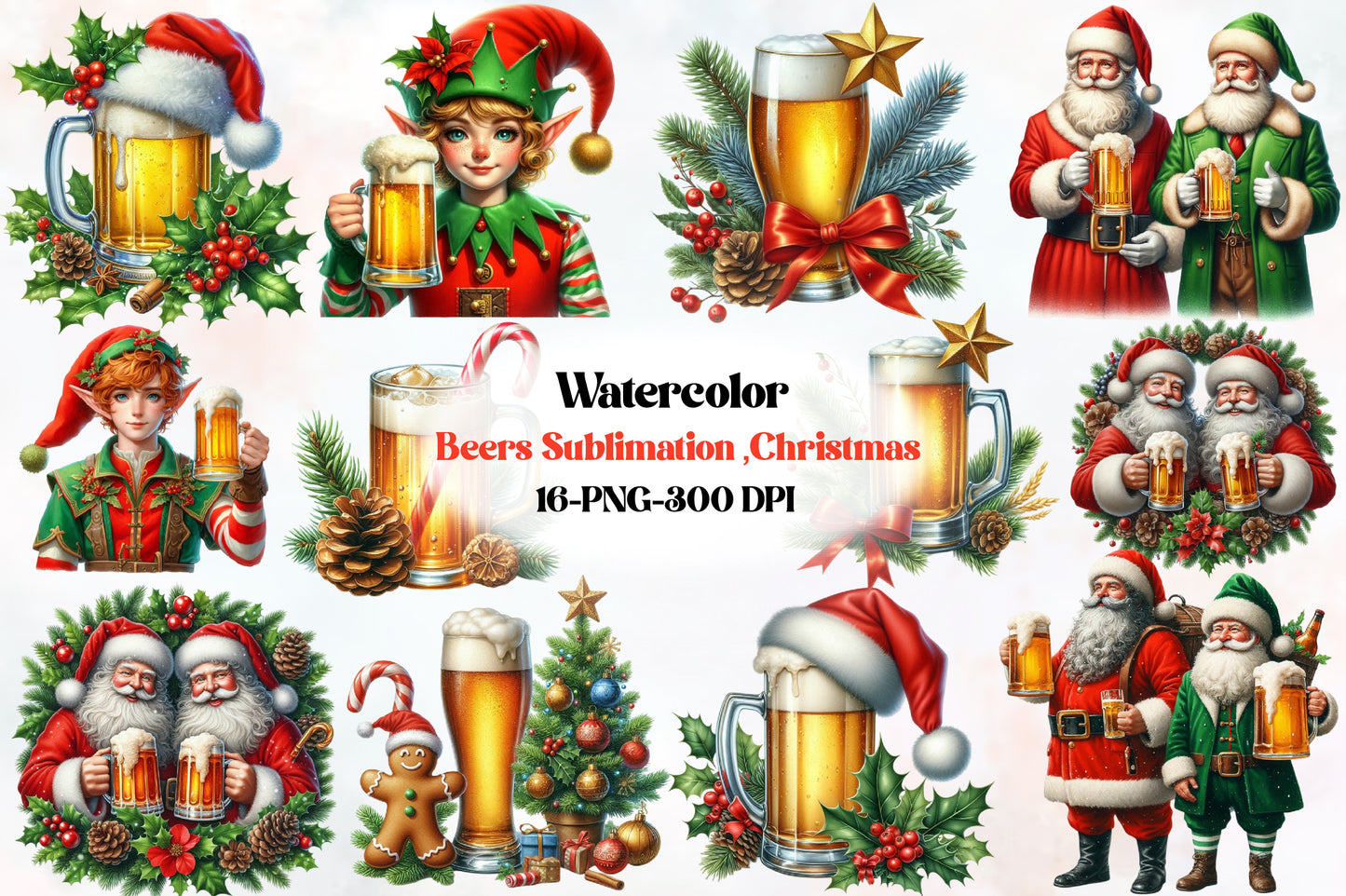 16 Watercolor Christmas Beer PNG Sublimation Bundle Santa Elf Holiday