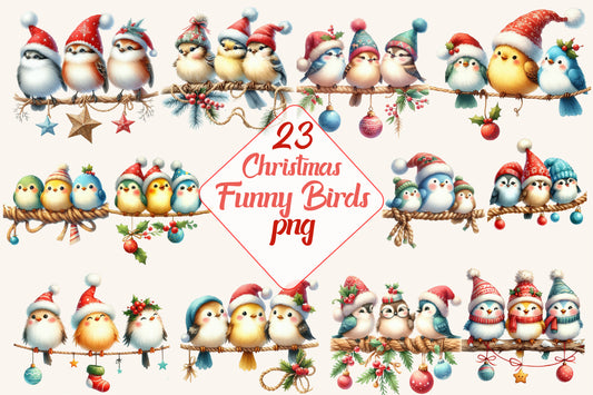 Christmas Funny Birds PNG Clipart Bundle | Watercolor Christmas Birds with Santa Hats, Holiday Hats, Ornaments & Festive Decorations