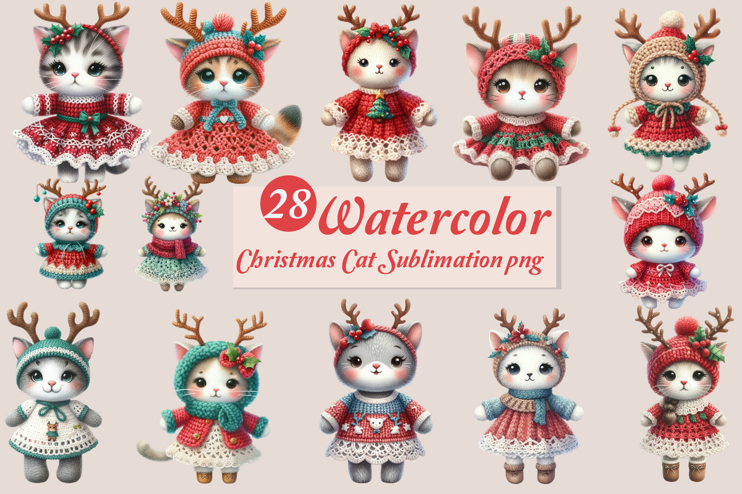 Christmas Cat Sublimation PNG Clipart Bundle | Watercolor Crochet Christmas Cats with Reindeer Antlers, Knitted Dresses & Holiday Hats