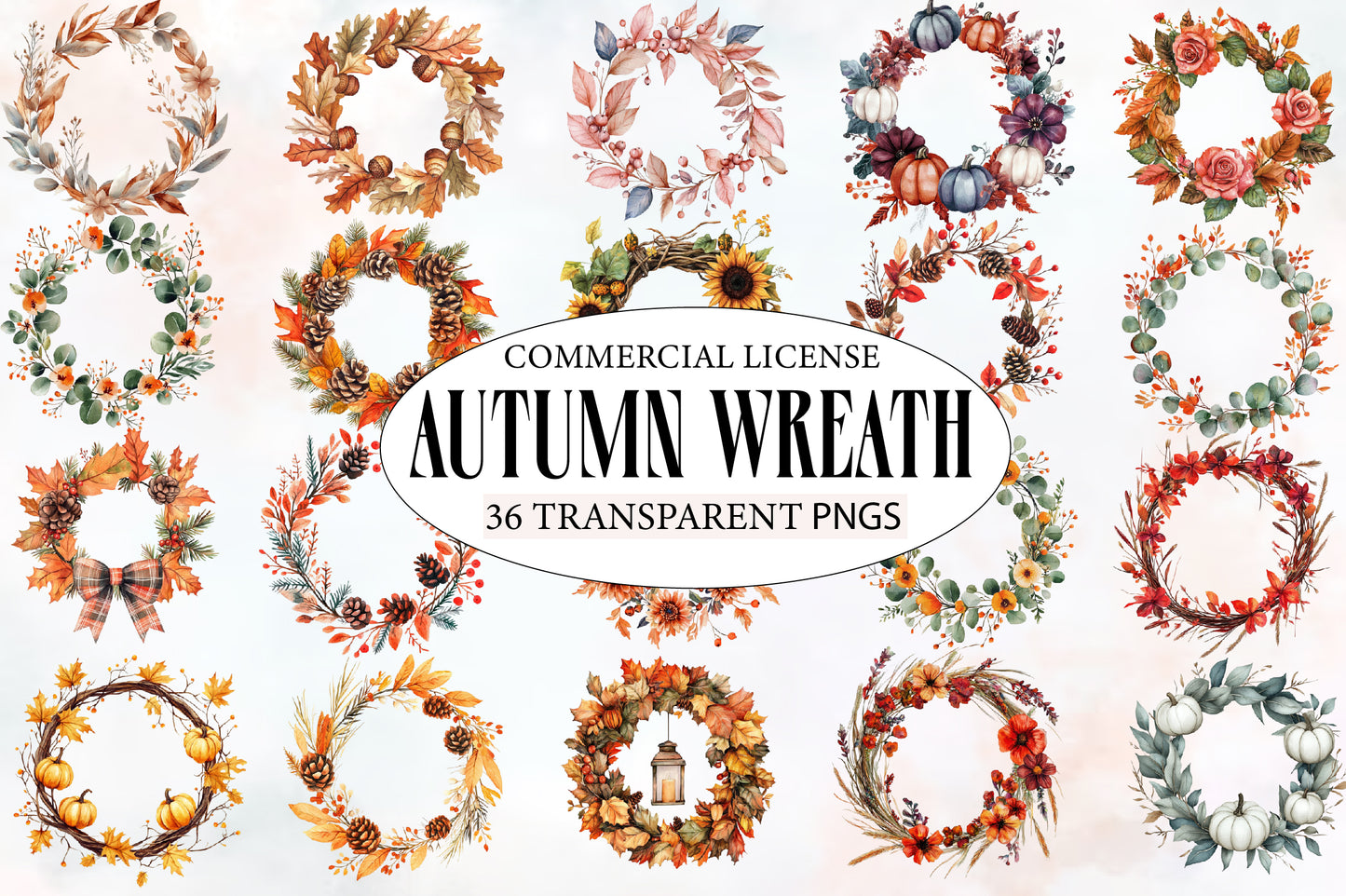 Autumn Wreath PNG Bundle | Fall Floral Wreath Clipart | 36 Watercolor Thanksgiving Wreaths Commercial Use