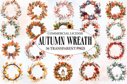 Autumn Wreath PNG Bundle | Fall Floral Wreath Clipart | 36 Watercolor Thanksgiving Wreaths Commercial Use