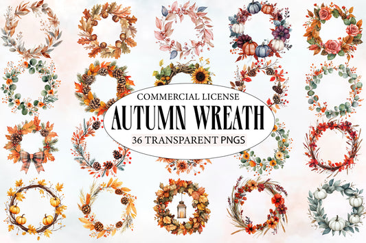 Autumn Wreath PNG Bundle | Fall Floral Wreath Clipart | 36 Watercolor Thanksgiving Wreaths Commercial Use