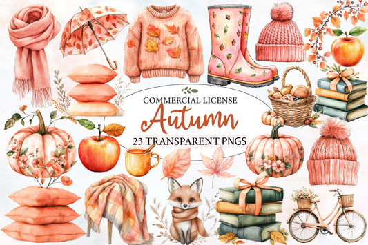 Autumn Clipart PNG Bundle | Cozy Fall Sweater, Scarf, Pumpkin,