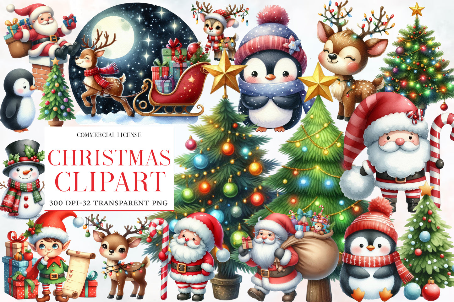 Christmas Clipart Watercolor PNG Bundle | Cute Christmas Clipart | Holiday Sublimation