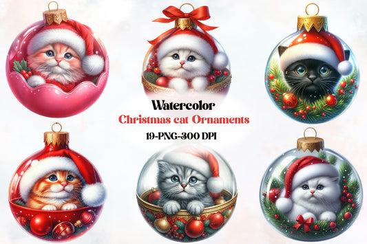 19 Christmas Cat Ornament PNG Clipart Bundle Watercolor Santa Hat Holiday