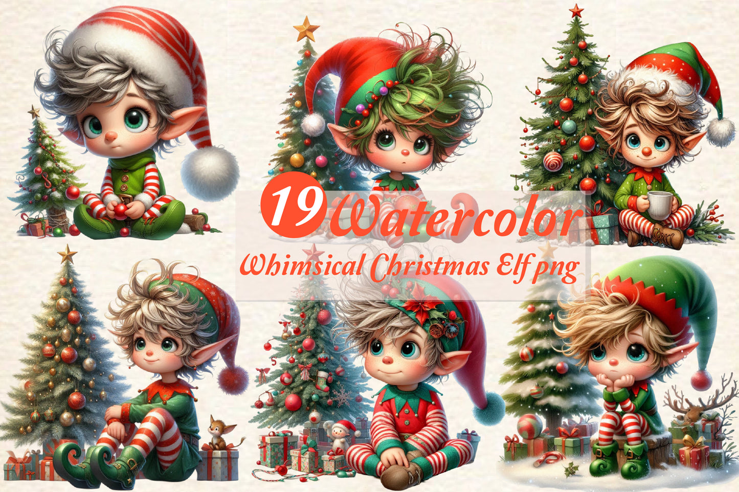 19 Watercolor Christmas Elf PNG Clipart Bundle Whimsical Holiday
