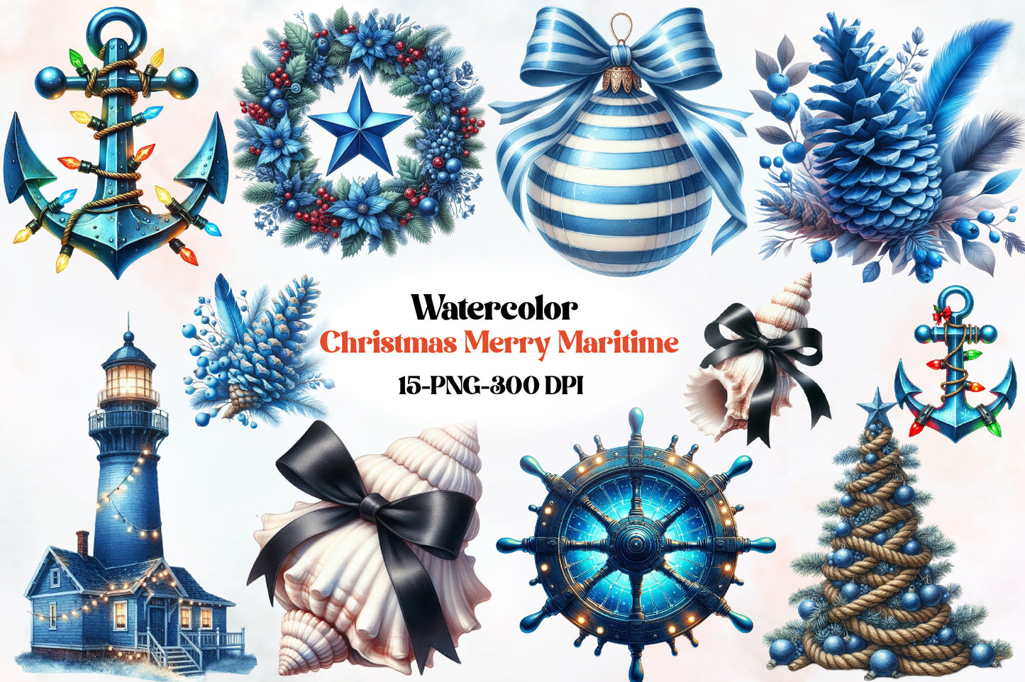Merry Maritime Christmas Clipart PNG Bundle | Nautical Santa, Christmas Boat, Anchor & Coastal Holiday Designs