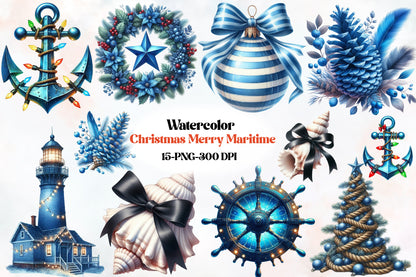 Merry Maritime Christmas Clipart PNG Bundle | Nautical Santa, Christmas Boat, Anchor & Coastal Holiday Designs