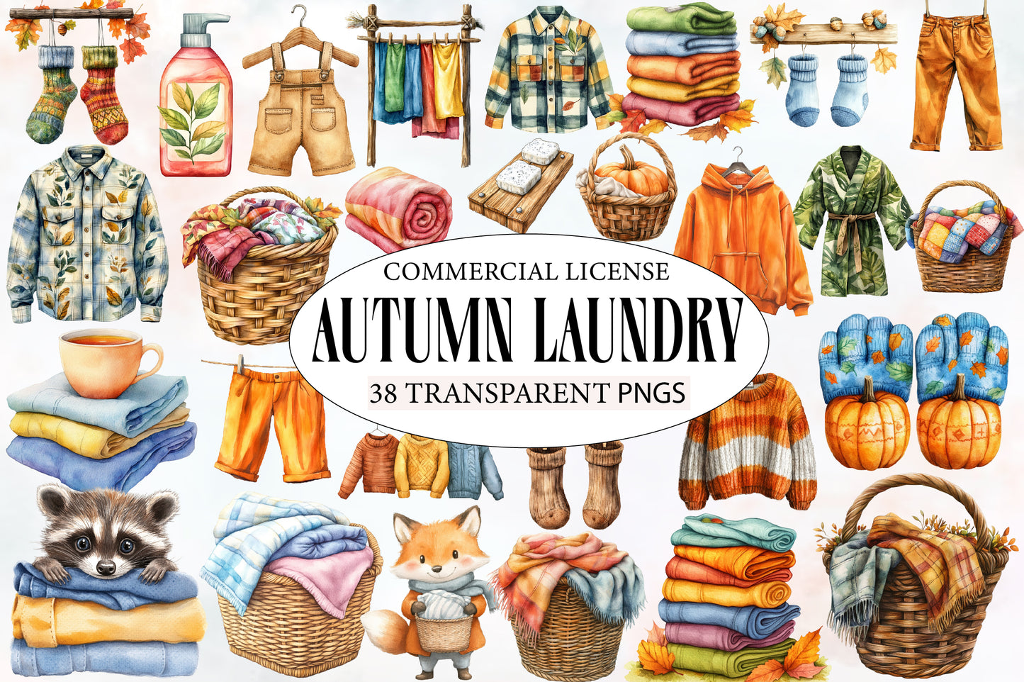 Autumn Laundry Clipart PNG Bundle | Fall Cozy Laundry Watercolor Clipart | Rustic Clothing Sublimation PNG