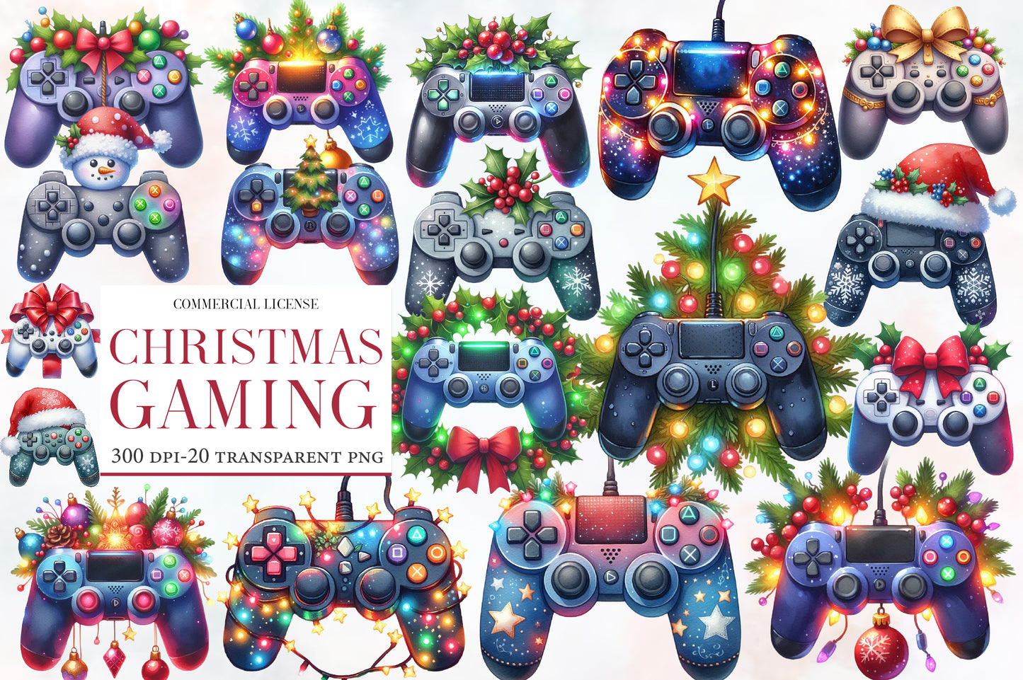 Christmas Gaming Controllers Clipart PNG Bundle | Watercolor Festive Game Controller Clipart | Gamer Christmas Sublimation PNG