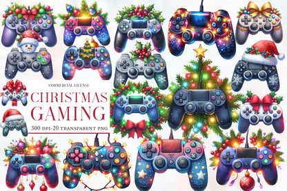 Christmas Gaming Controllers Clipart PNG Bundle | Watercolor Festive Game Controller Clipart | Gamer Christmas Sublimation PNG