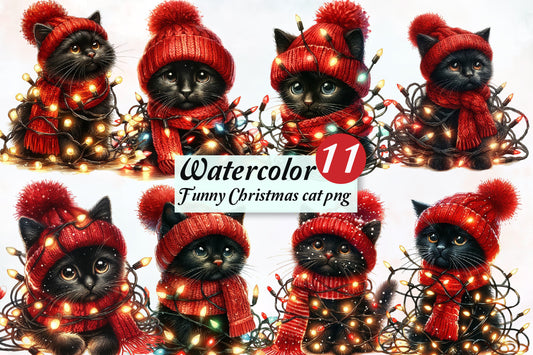 Funny Christmas Cat PNG Bundle Watercolor Black Cat Holiday Clipart