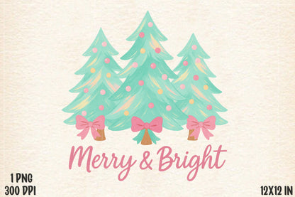 Merry & Bright Pastel Christmas Trees PNG Sublimation Design