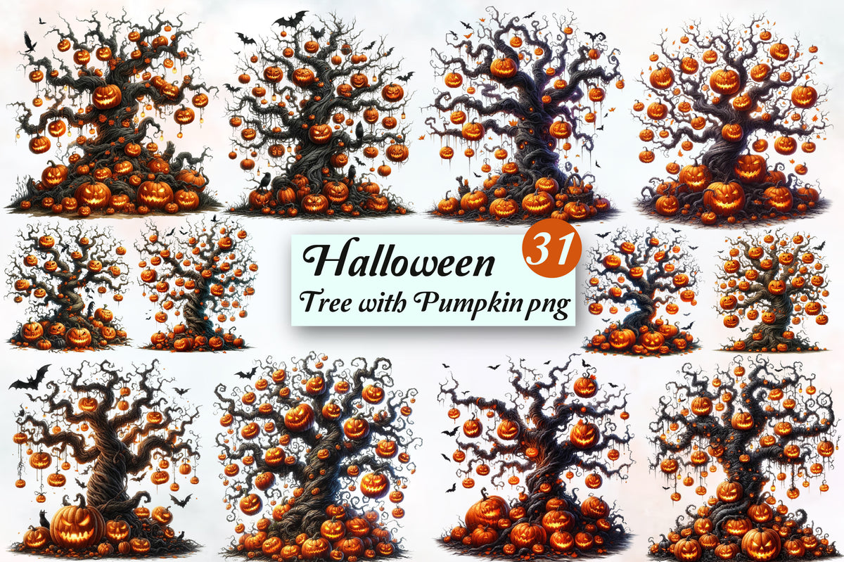 Halloween Tree with Pumpkin PNG Bundle Spooky Pumpkin Tree Clipart
