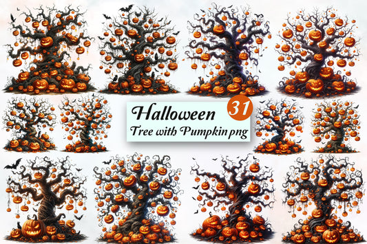 Halloween Tree with Pumpkin PNG Bundle Spooky Pumpkin Tree Clipart
