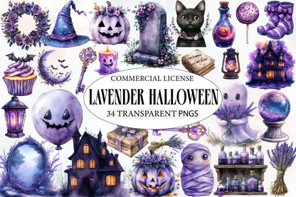 Lavender Halloween Clipart PNG Bundle | Purple Halloween Watercolor | Cute Spooky Sublimation