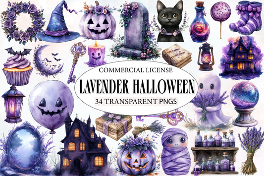 Lavender Halloween Clipart PNG Bundle | Purple Halloween Watercolor | Cute Spooky Sublimation