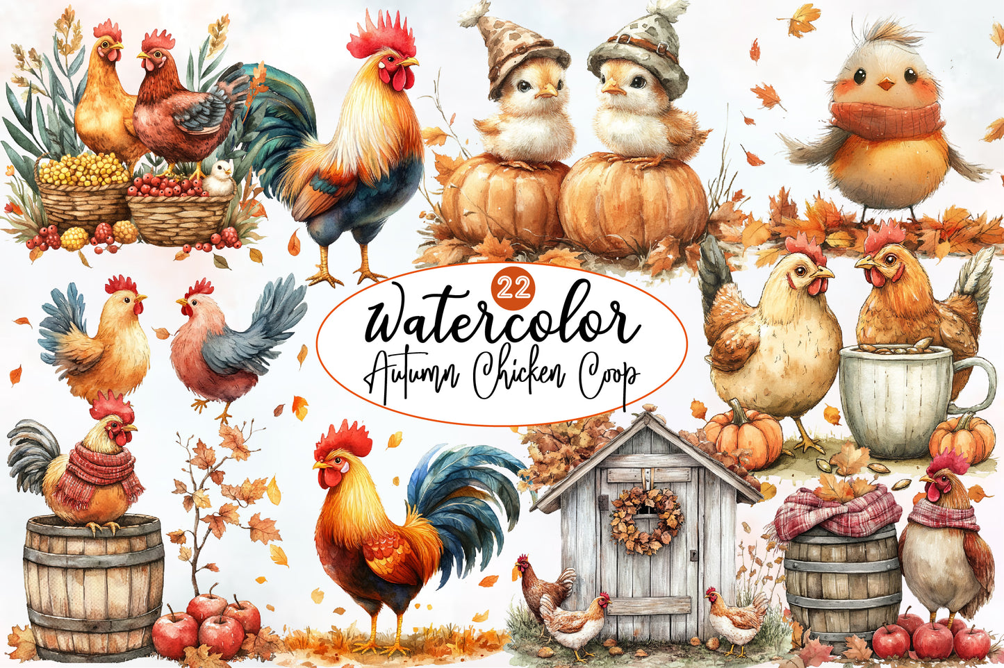 Watercolor Fall Chicken Clipart Bundle Farmhouse Autumn PNG
