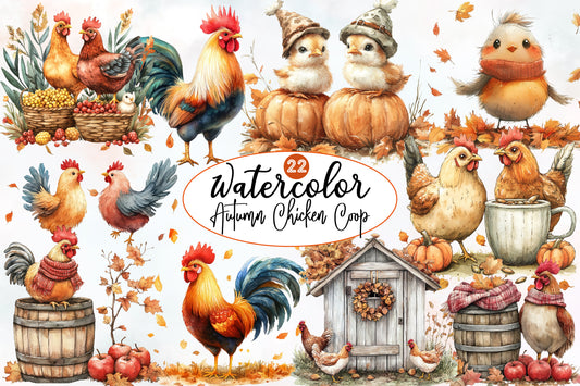 Watercolor Fall Chicken Clipart Bundle Farmhouse Autumn PNG