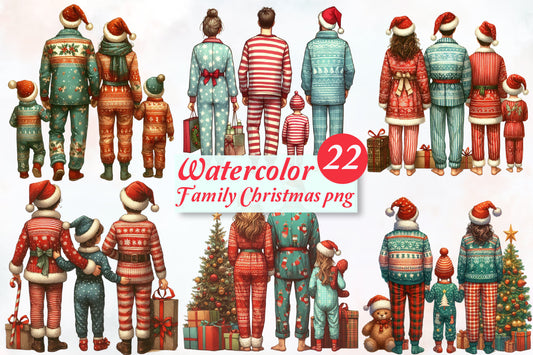 Watercolor Family Christmas PNG Bundle Cute Holiday Pajama Clipart