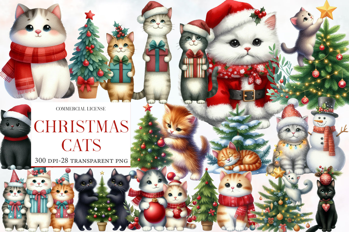 Christmas Cats Clip Art PNG Bundle | Watercolor Cute Christmas Cat Clipart | Festive Holiday Cat PNG