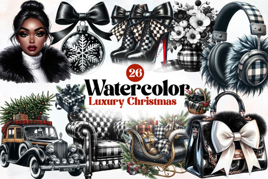 Luxury Christmas Clipart PNG Bundle | Black & White Christmas Bow, Fashion Woman, Heels, Handbag, Vintage Car, Sleigh & Plaid Decor
