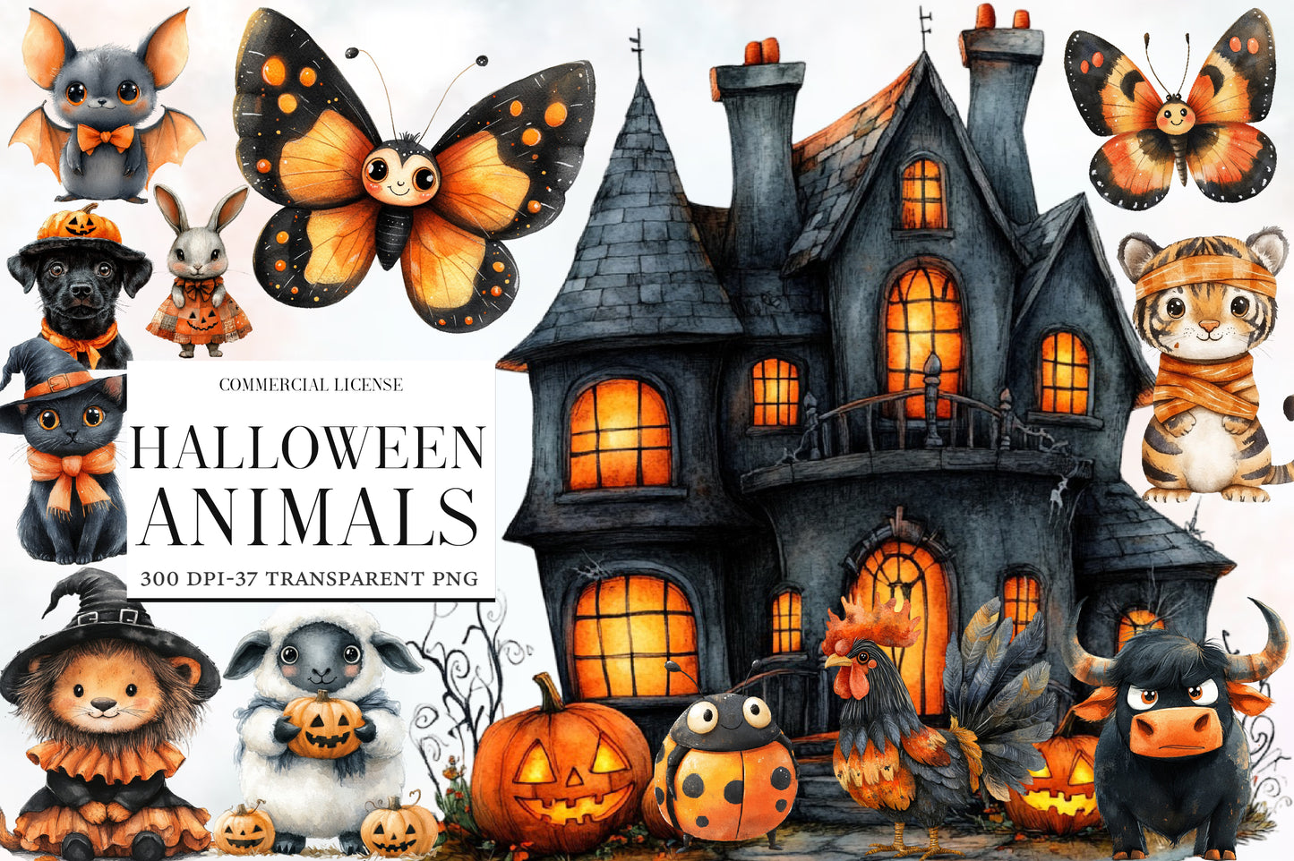 Halloween Animals Clipart PNG Bundle | Cute Spooky Animal PNG, Halloween Watercolor Clipart