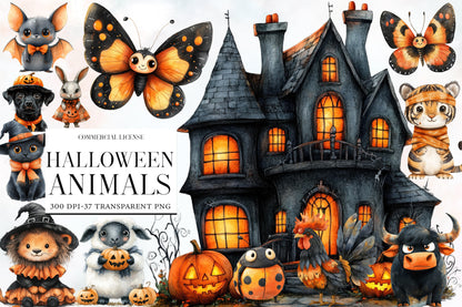 Halloween Animals Clipart PNG Bundle | Cute Spooky Animal PNG, Halloween Watercolor Clipart