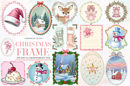 Christmas Frame Clipart PNG Bundle | Winter House, Snowman, Deer, Christmas Stockings, Candy Cane, Santa Hat & Floral Frames