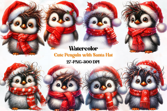 Cute Christmas Penguin PNG Bundle Watercolor Santa Penguin Clipart