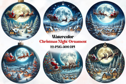 Watercolor Christmas Night Ornament Clipart PNG Bundle | Santa Sleigh & Winter Village