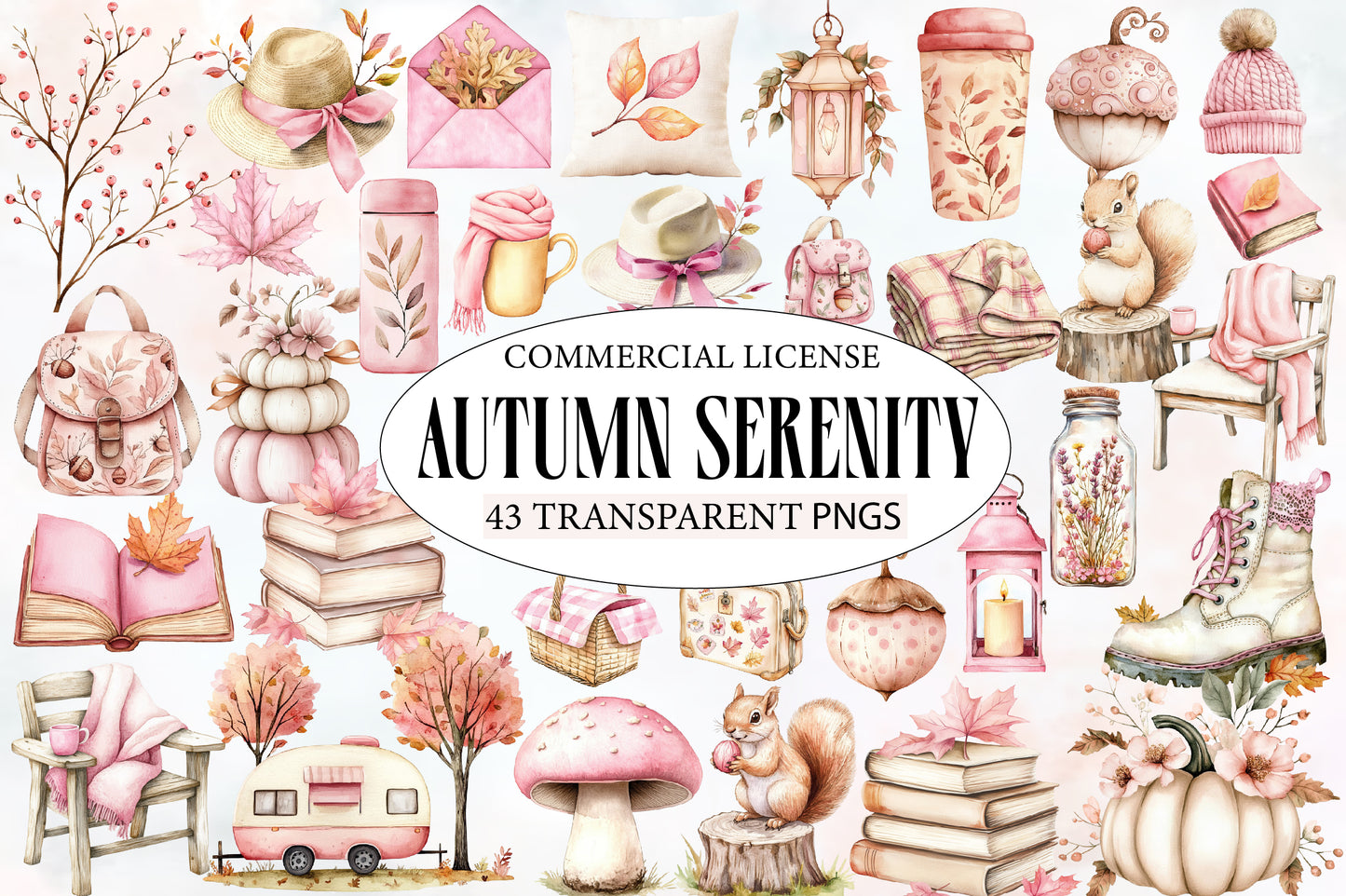 Autumn Serenity Clipart PNG Bundle | Watercolor Peaceful Fall Nature Clipart | Cozy Woodland Autumn PNG