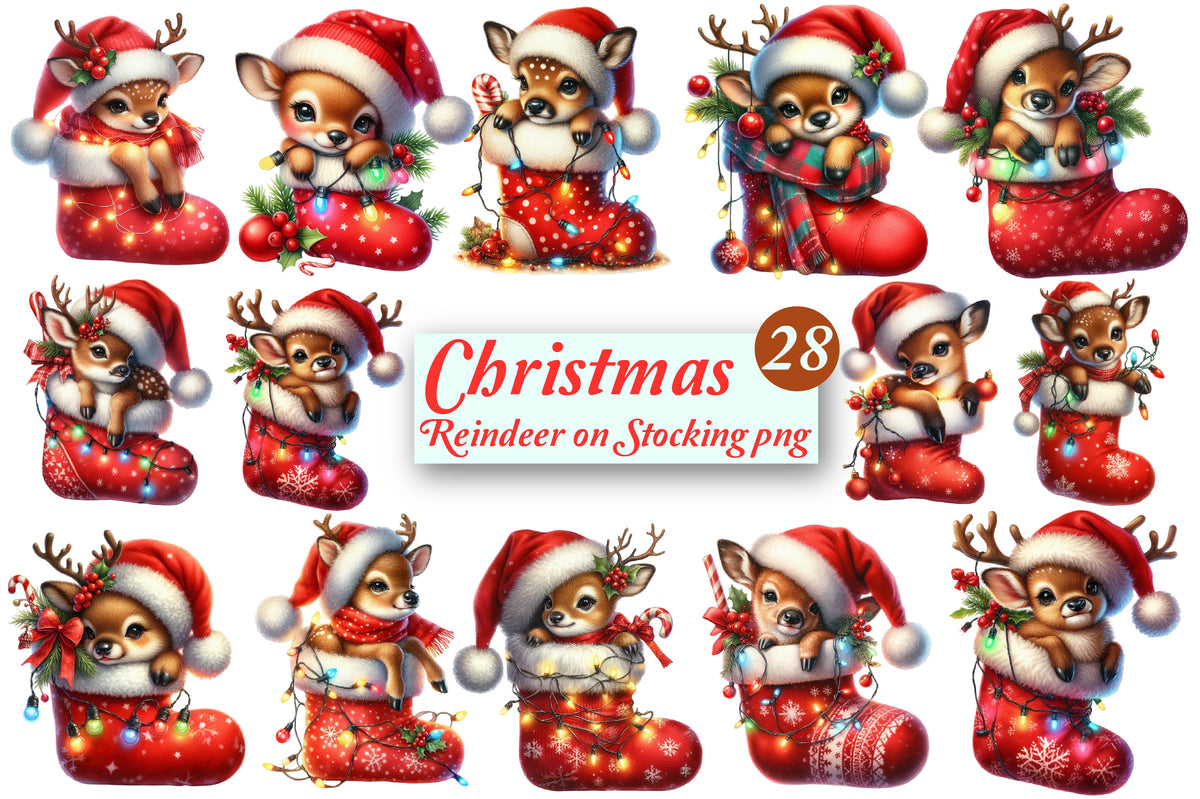 28 Christmas Reindeer on Stocking PNG Sublimation Bundle Cute Santa Deer