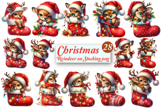 28 Christmas Reindeer on Stocking PNG Sublimation Bundle Cute Santa Deer