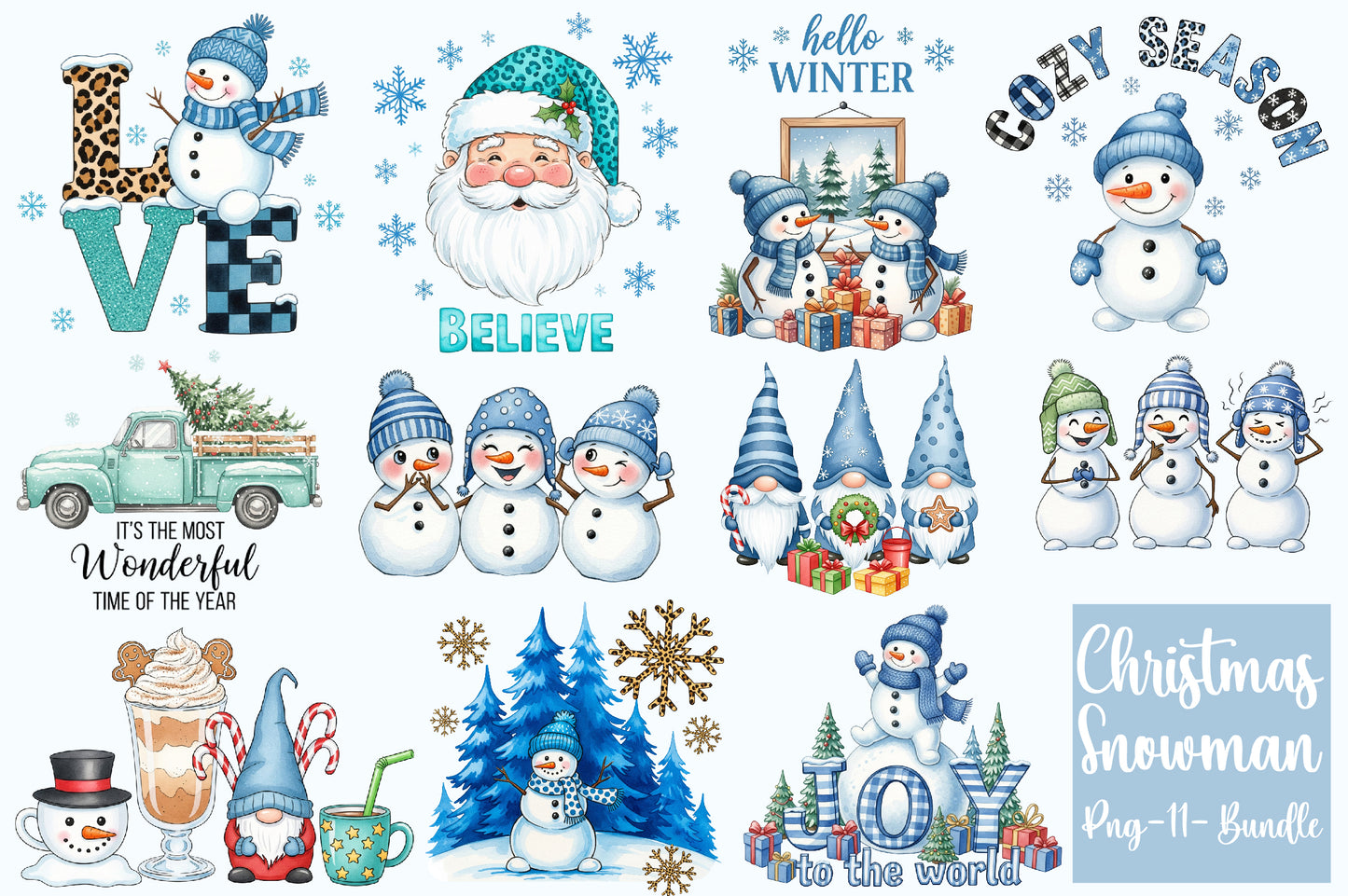 Christmas Snowman PNG Clipart Bundle | Watercolor Cute Christmas Snowman PNG | Festive Winter Snowman Sublimation