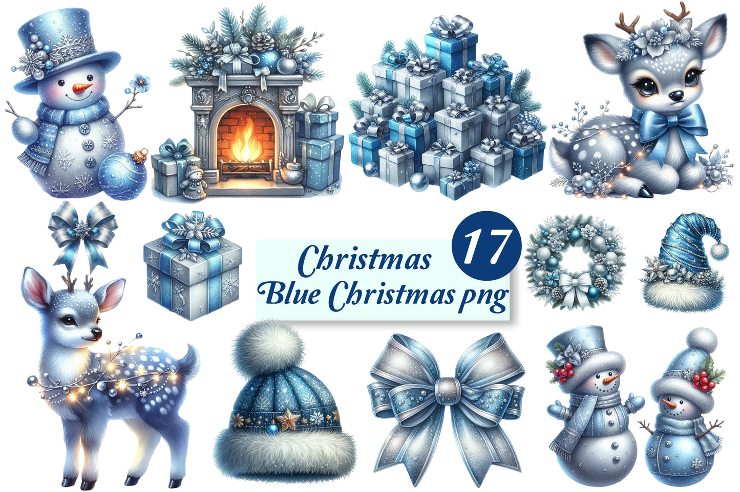 Blue Christmas PNG Bundle | Watercolor Blue Christmas Clipart, Snowman, Deer, Gifts & Winter Holiday Graphics