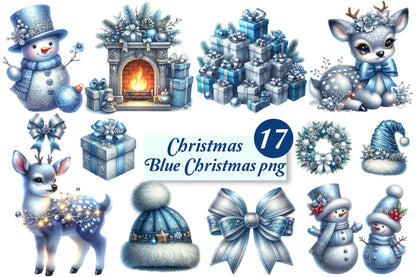 Blue Christmas PNG Bundle | Watercolor Blue Christmas Clipart, Snowman, Deer, Gifts & Winter Holiday Graphics
