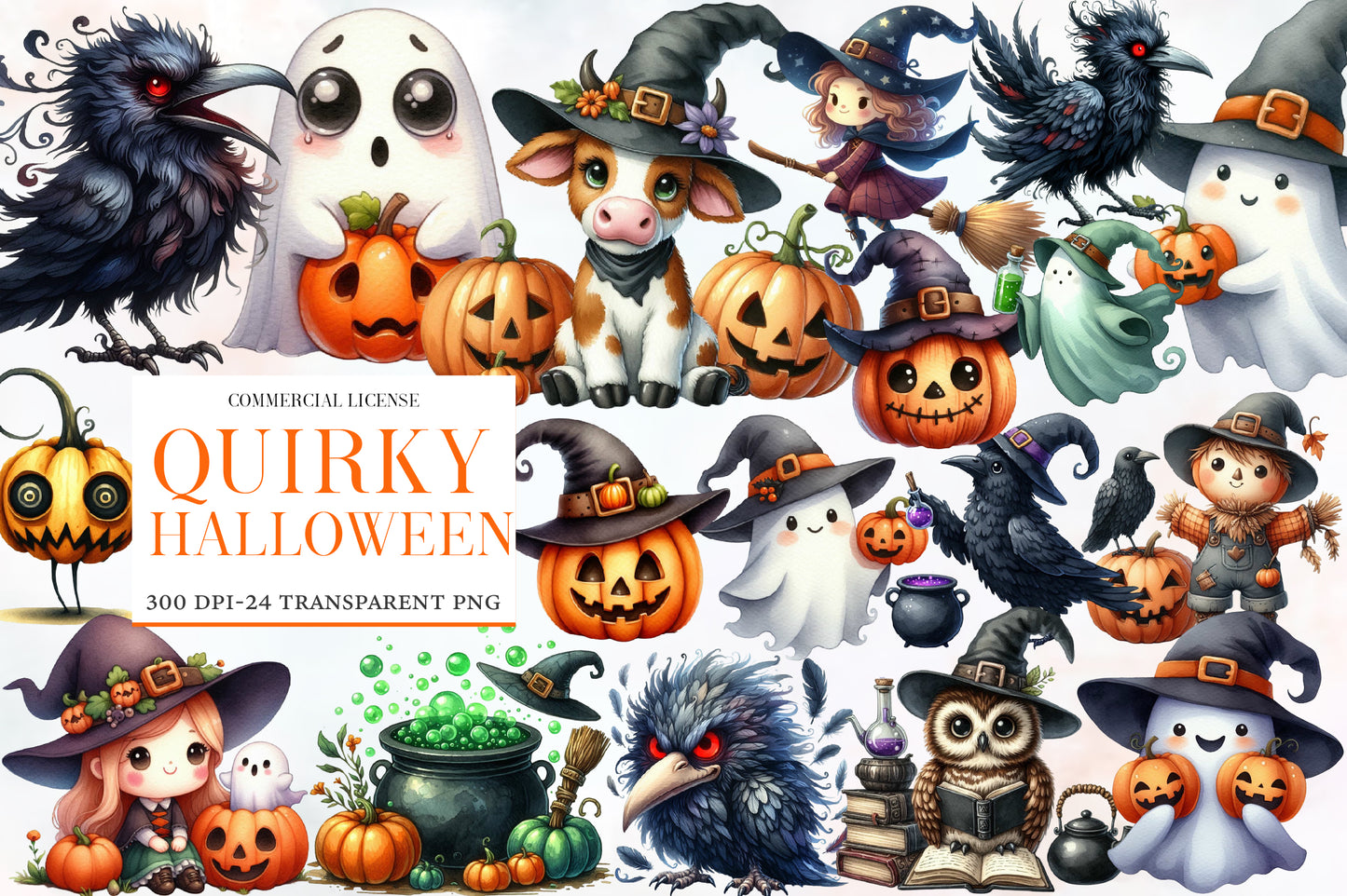 Quirky Halloween Watercolor Clipart PNG Bundle | Cute Spooky Halloween Clipart | Halloween Sublimation PNG