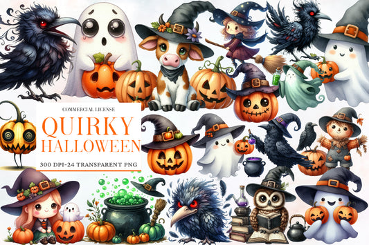 Quirky Halloween Watercolor Clipart PNG Bundle | Cute Spooky Halloween Clipart | Halloween Sublimation PNG